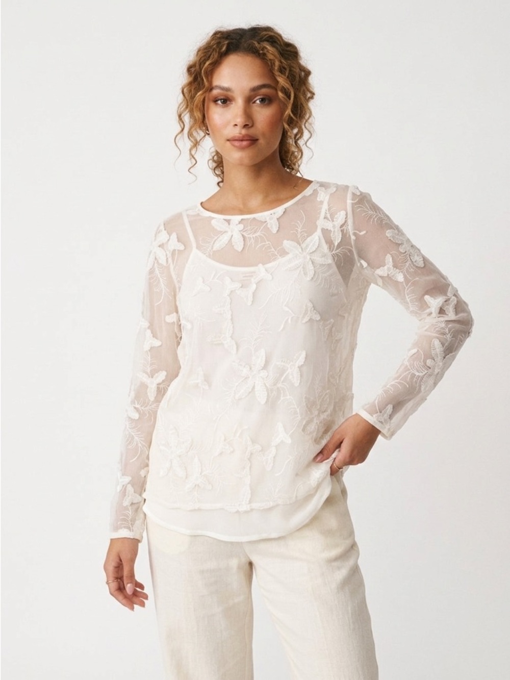 Sundance Blouse 3D Floral Applique Cami Set Sheer Silk Cream M